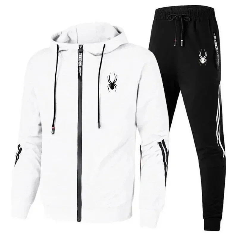 Man wearing casual zipper jacket and jogger pants set in an outdoor fitness or streetwear setting white black