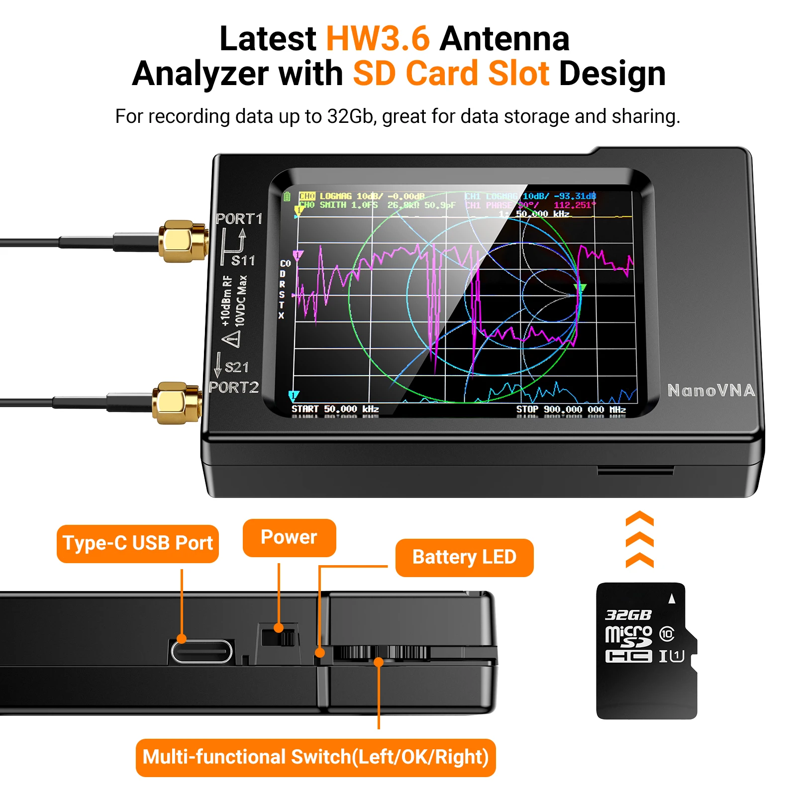 NanoVNA-H  Ʈũ ׳ м, SWR , SD ī  , MF HF VHF UHF Ʈ м, 10KHz-1.5GHz