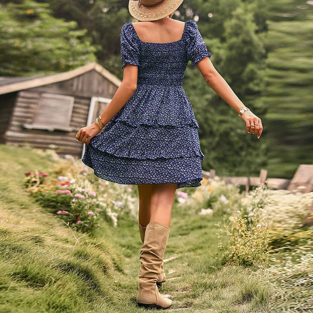 

The Dress Women Casual Summer Floral Printed Dress Puff Sleeve Ruffle Hem Layered Vintage A-Line Dresses Robe Femme