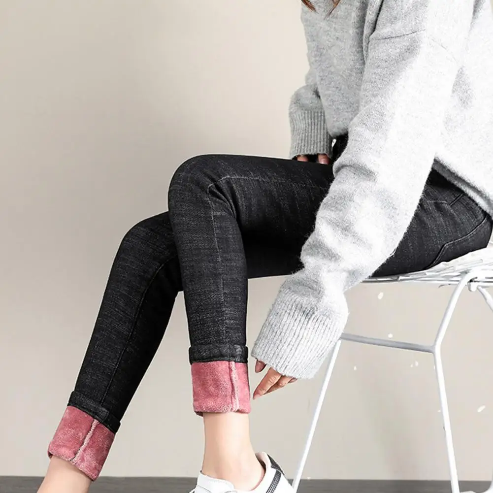 

Comfortable Jeans Cozy Winter Women's High Waist Fleece-lined Jeans Stylish Pencil Pants with Elastic Waistband Functional