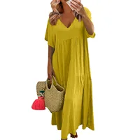 Women Short-Sleeved Dress Summer Simple Comfortable V-Neck Solid Color Large Size Dresses Casual Loose Long Large Swing Dress - Image 5