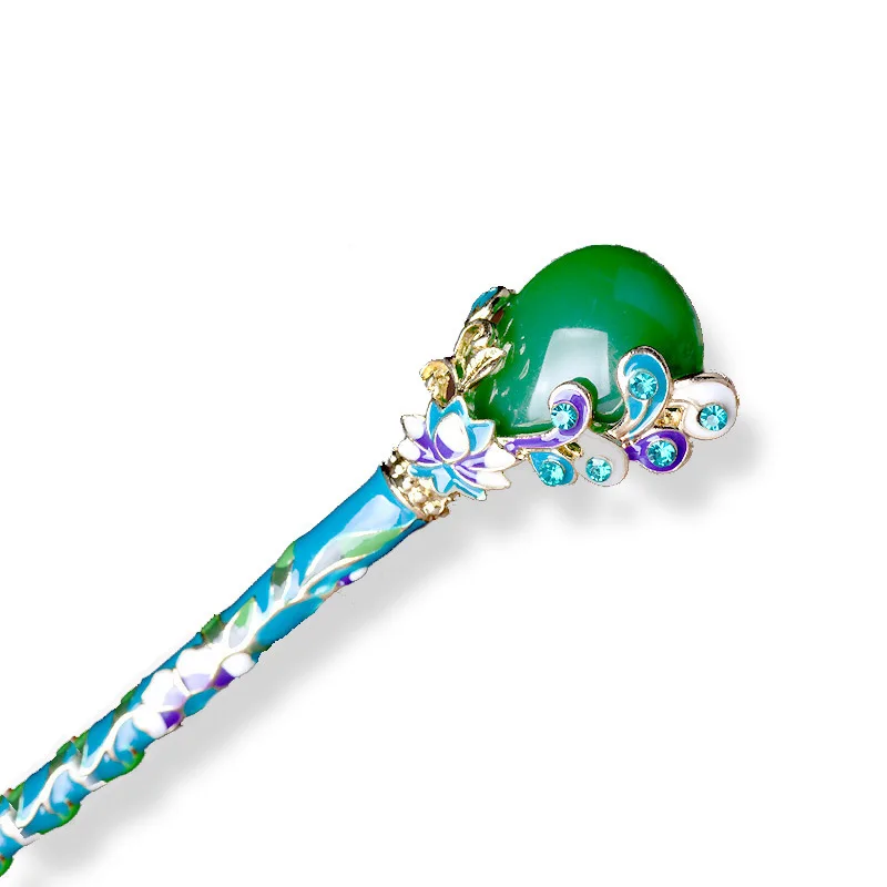 Vintage Cloisonne Women's Hairpin Headdress Antiquity Hair Clasp Headdress Imitation Jade Design Hairpin