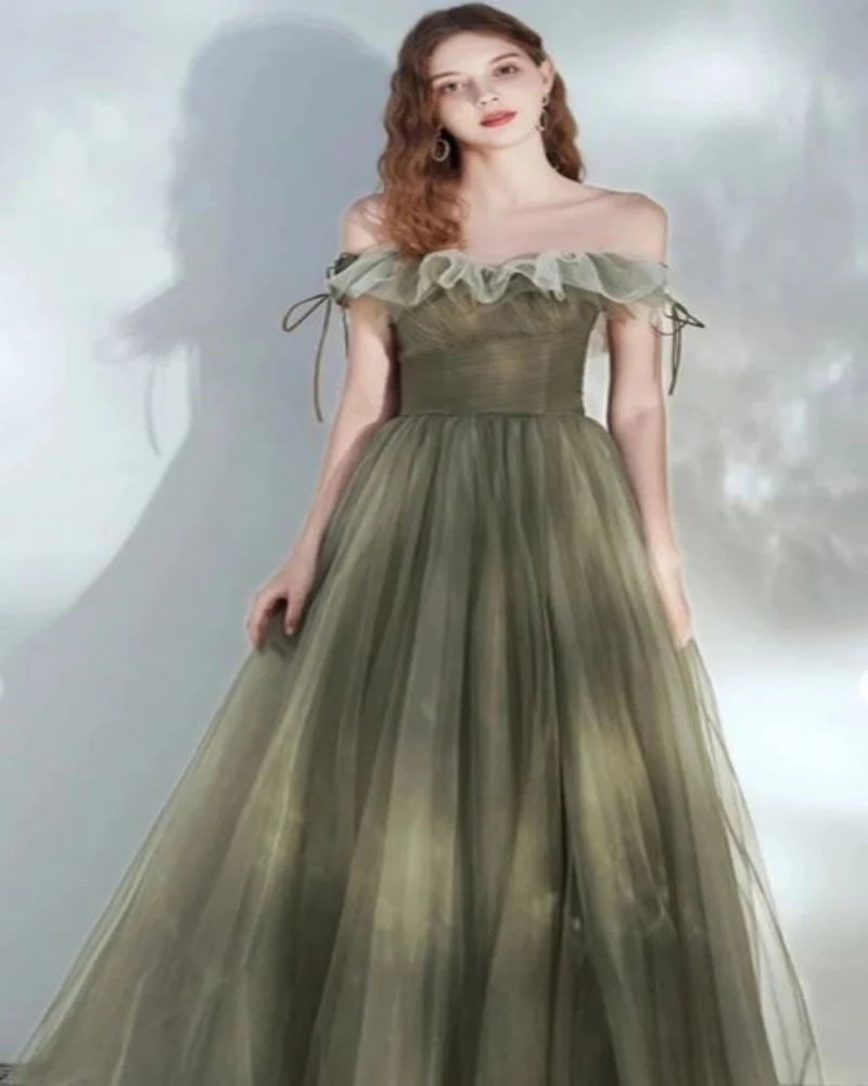 

Off the Shoulder A Line Tulle Floor Length Green Elegant Fairy Dresses Prom Dresses