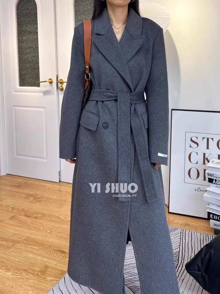 Korean Fashion Double Breasted Long Wool Coat Women Elegant
