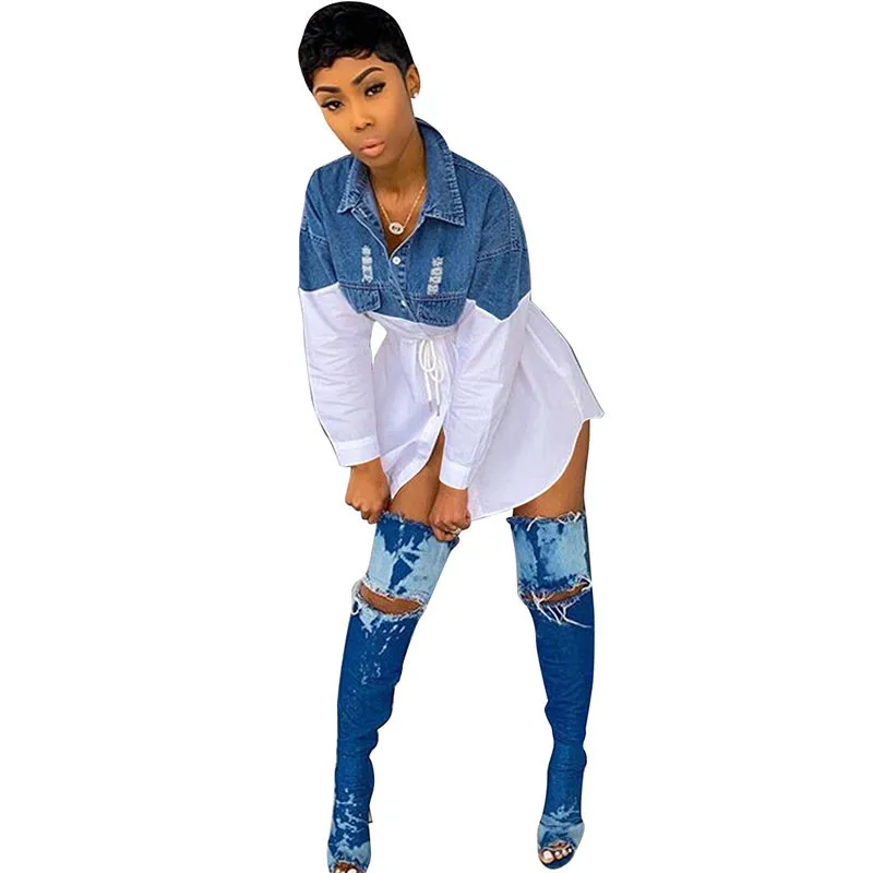 

Рубашка женская джинсовая с отложным воротником, топ свободного покроя в стиле пэчворк, с длинным рукавом, на пуговицах, Повседневная Уличная одежда, блузка