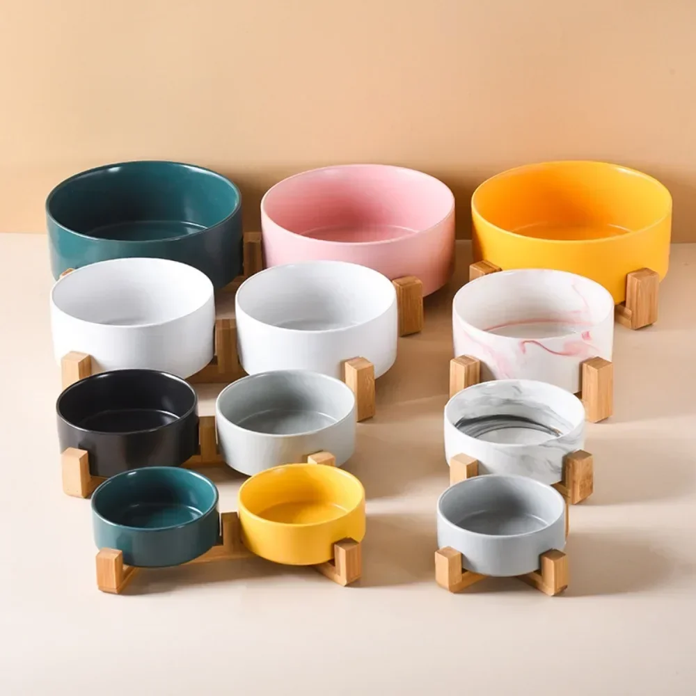 Dog Bowl Cat Bowl Ceramic Bowl Water Bowl Wooden Frame Protection Cervical Spine Tall Dog Drinking Bowl Pet Bowl Pet Supplies 5