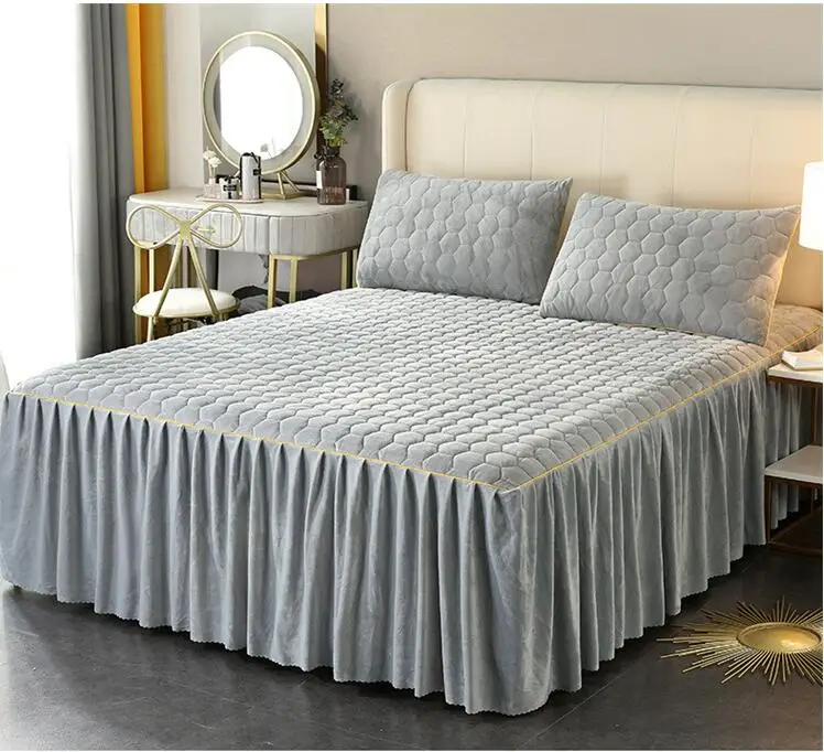 Crystal velvet bed skirt with cotton clip three piece set thickened anti slip bed cover milk velvet warm cover