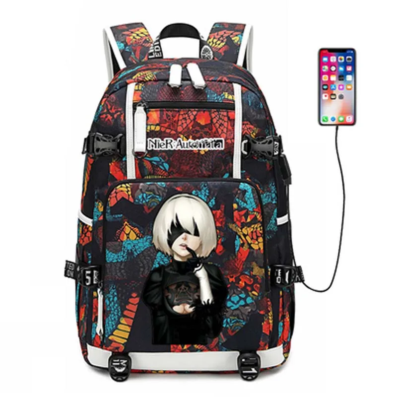 

New NieR:Automata Schoolbag Printing Laptop Bag Men Travel Bags USB Charging knapsack Luminous Oxford Backpack