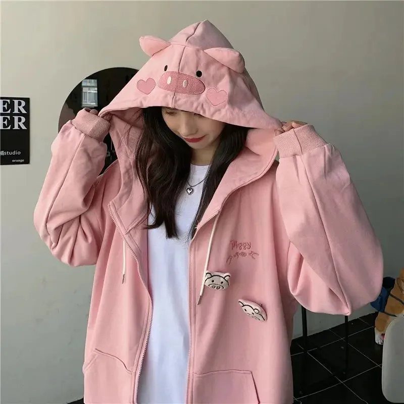 

Spring and autumn hooded piggy ears sweater jacket women cute pig design playful goth girl loose cardigan top