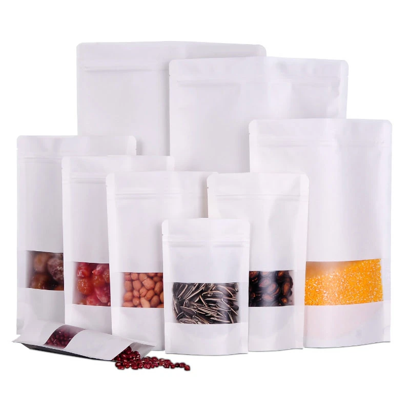 

50pcs white kraft paper bags stand up zip lock ccandy tea dried fruit gift packaging Moisture-proof open window pouch