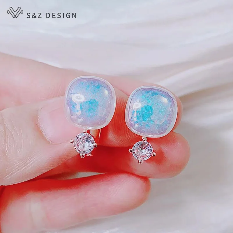 S&Z DESIGN New Fashion Square Simulated-pearl 585 Rose Gold Color Cubic Zirconia Dangle Earrings For Women Wedding Jewelry