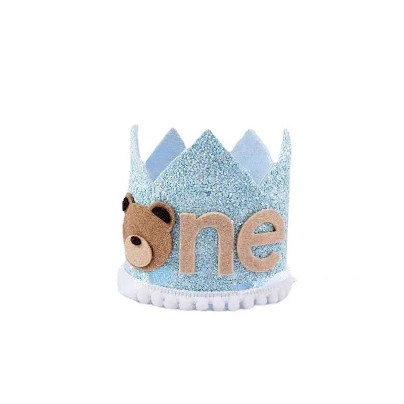 1Pcs First Kids Birthday Party Glitter Brown Bear Hat ONE Burlap Lion Birthday Crown Baby Shower Photoprops Party Decorations