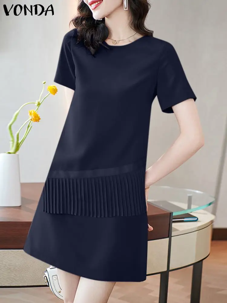 

VONDA элегантное женское повседневное мини-платье с коротким рукавом 2024 летний модный сарафан с оборками однотонный цвет свободное женское платье