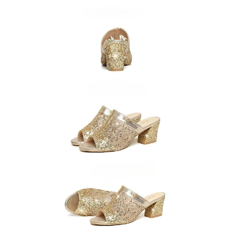 Damen Blockabsatz Mule-Sandalen mit Glitzer-Spitze, offene Zehenpartie, glitzernde Freizeitsandalen für Sommerpartys und Verabredungen – Detail 8