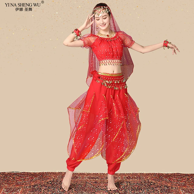 4pcs / set Traje de danza del vientre Disfraz de Bollywood Vestido indio  Mujeres Bailarinas Conjuntos de disfraces Falda tribal
