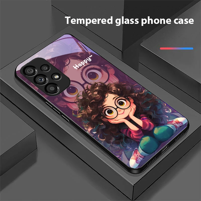 Curly Haired Girl Black Tempered Glass Phone Case - Hard Shell