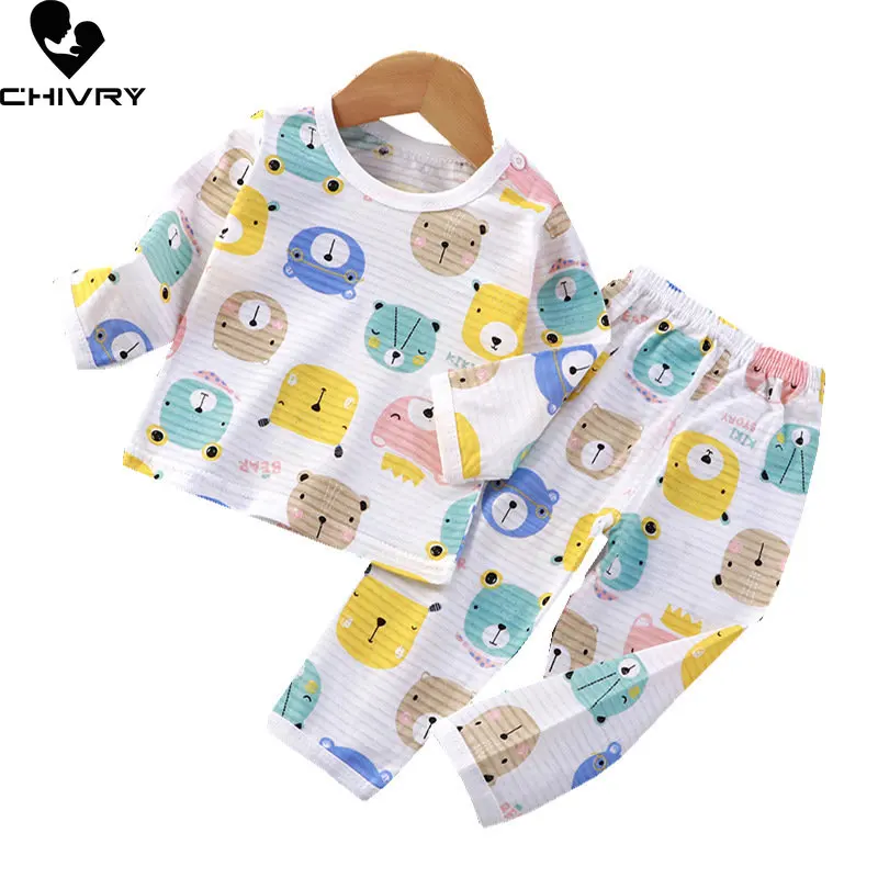 Kids Summer Thin Soft Pajamas New Boys Girls Cartoon Long Sleeve T Shirt Tops with Pants Baby Sleeping Clothes Sets Homewear