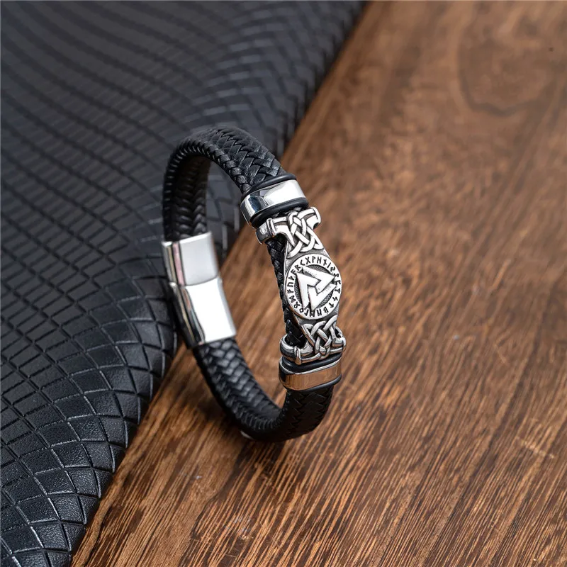 

MKENDN Vikings Style 16 Strand Braided Leather Bracelet For Men Triangle Vegvisir Amulet Scandinavian Ouroboros Jewelry