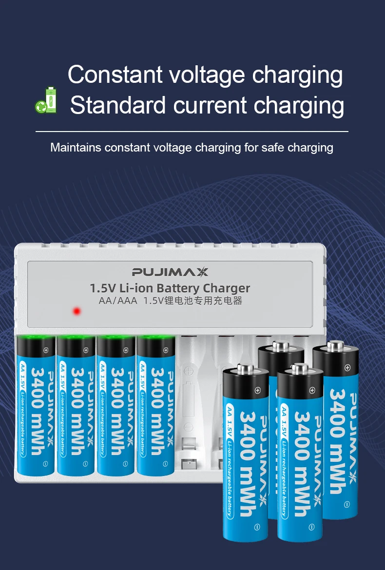 PUJIMAX – chargeur de batterie au Lithium à 8 fentes + 4 batteries Li-ion  rechargeables AA 1.5V 3400mWh, grande capacité, sûr et Durable avec câble