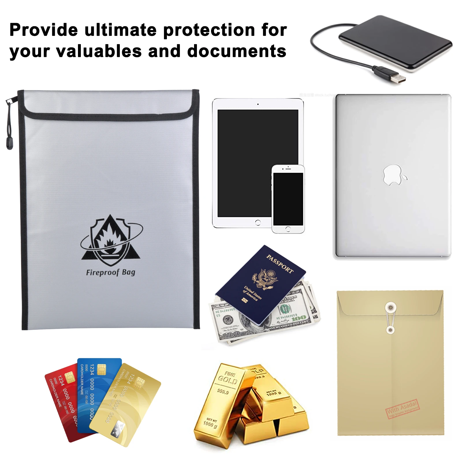 Fireproof Document Bag Waterproof Money Bag Fire Safe Storage For Valuables Jewelry Legal Document Passport Tablet Battery