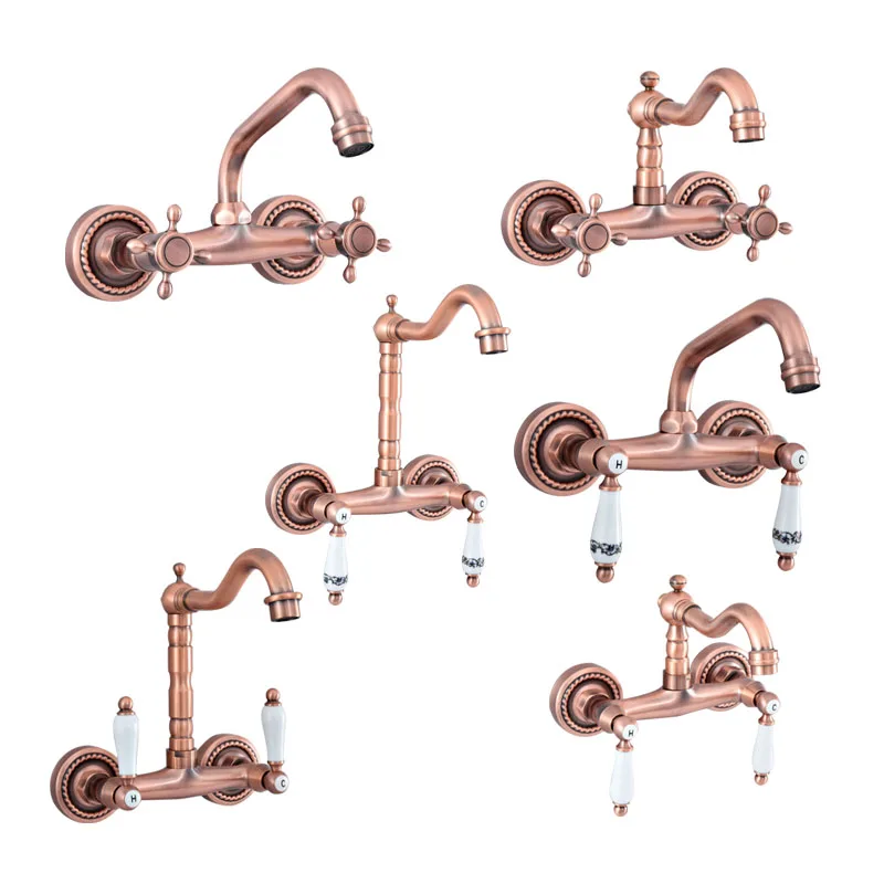 

Antique Red Copper Brass Bathroom Kitchen Sink Basin Faucet Mixer Tap Swivel Spout Wall Mounted Dual Handles Levers mzh023