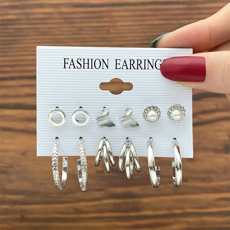 Trendy Silver Color Earrings Set for Women Girls Simple Pearl Metal Butterfly Snake Circle Hoop Earrings 2024 New Fashion
