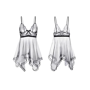 Sexy Lingerie Set Women Sexy Lace Nightgown Transparent V-neck Slip Dress