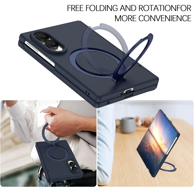 Premium Phone Case with Tempered Glass and Rotating Magnetic Alloy Stand, Fingerprint Resistant Cover