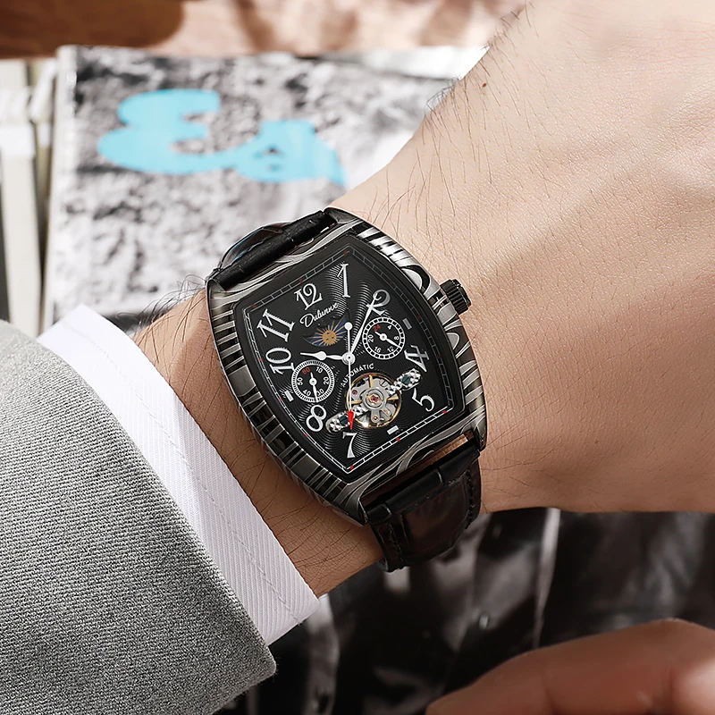 Top-Marke Luxus Tourbillon Mechanische Uhr Für Männer Mode Schwarz Stahl Wasserdicht Mondphasen Automatische Uhr Reloj Hombre_voghion.com