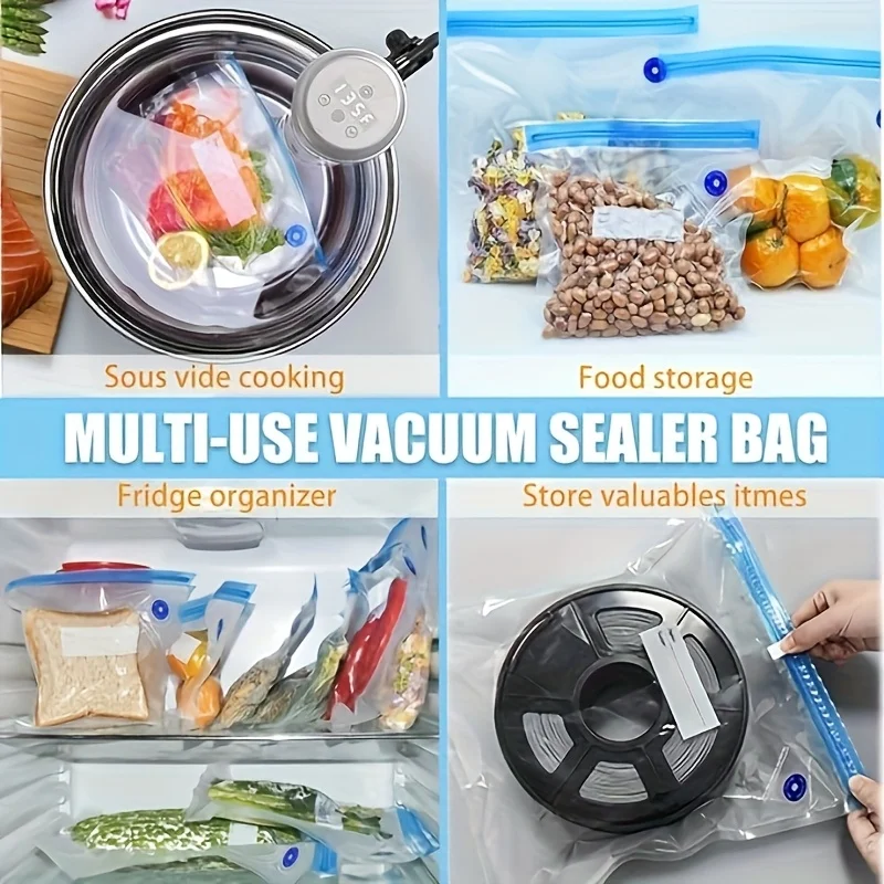 Reusable Vacuum Storage Bag Set – 4 Sizes with Hand Pump & Sealing Clips for Extended Freezer Freshness