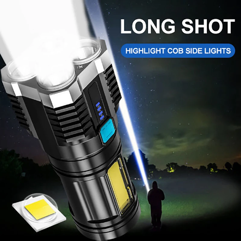 LED Flashlights High Power Camping Torch 4 Lamp Beads COB Side Light Rechargeable Portable Hand Lantern 4 Lighting Mode