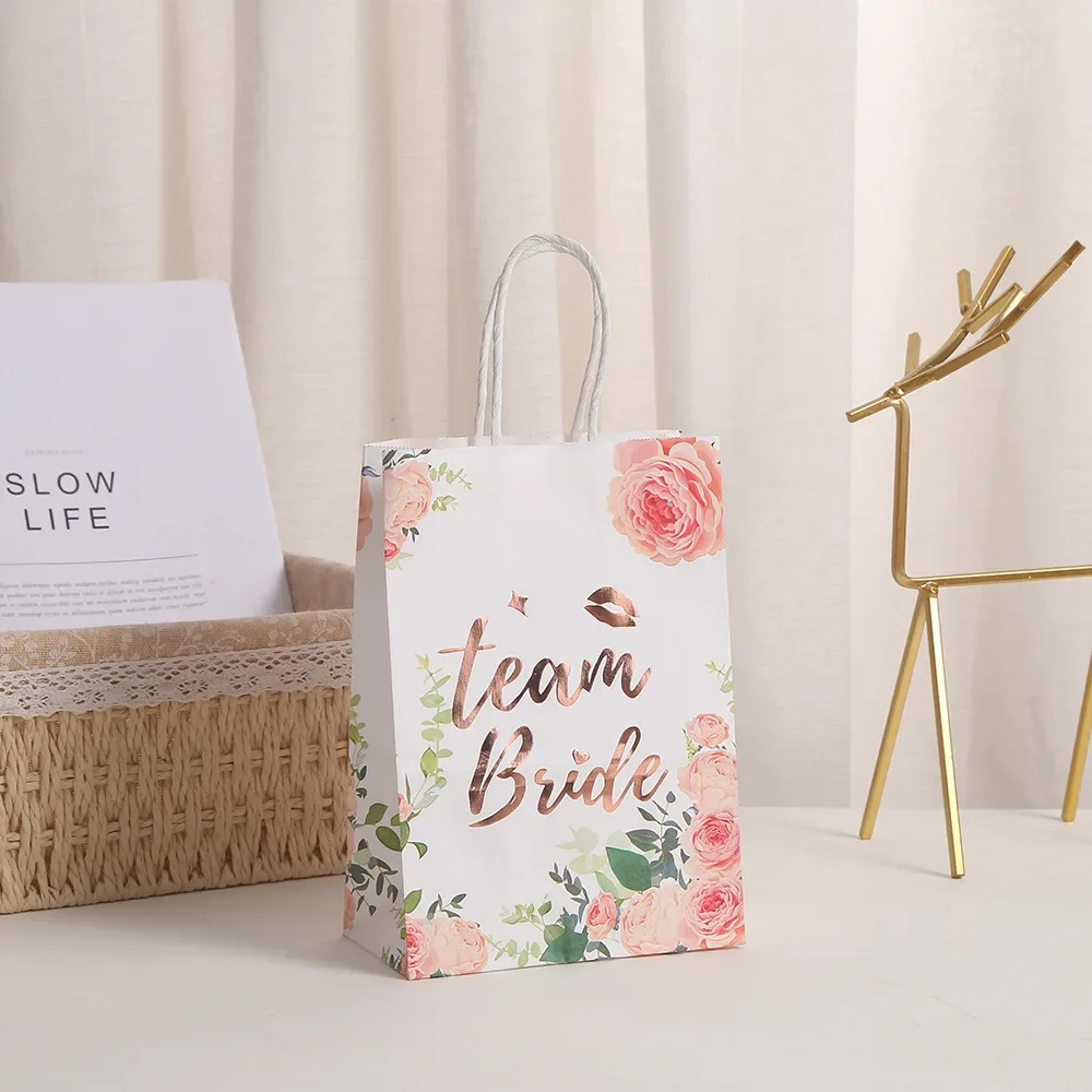 6Pcs Floral Bronzing Team Bride Kraft Paper Gift Packaging Bag