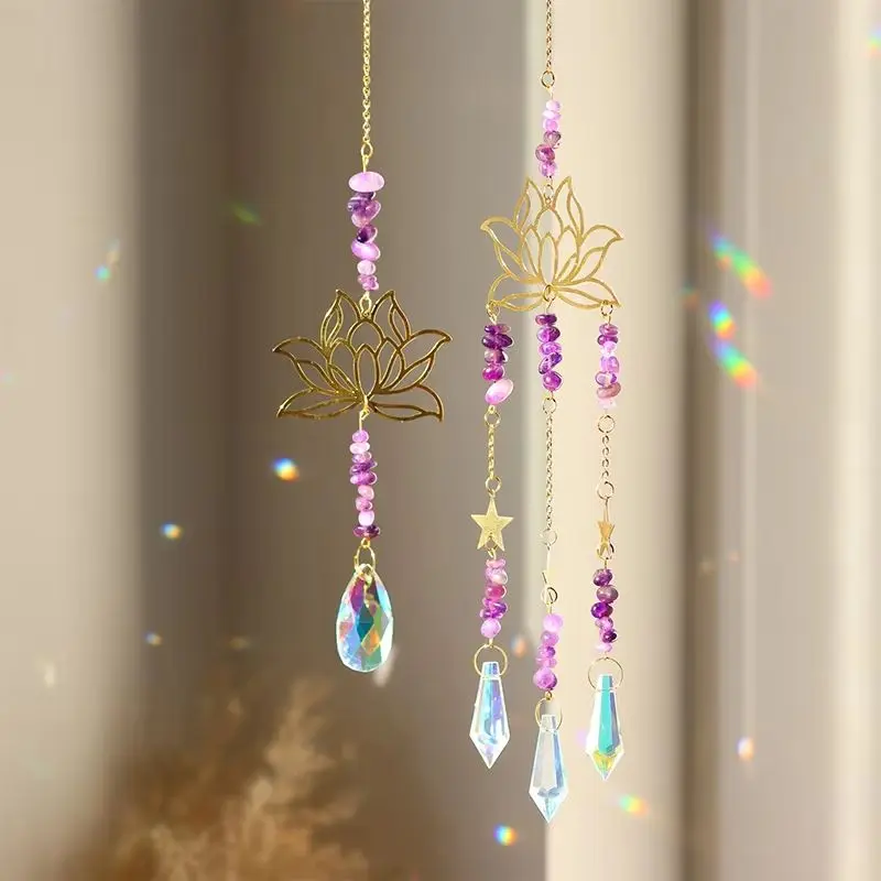 1Piece Natural Crushed Stone Amethyst Lotus Flower Pendant Rainbow Maker Window Decoration Pendant Suncatcher Gardening Crafts