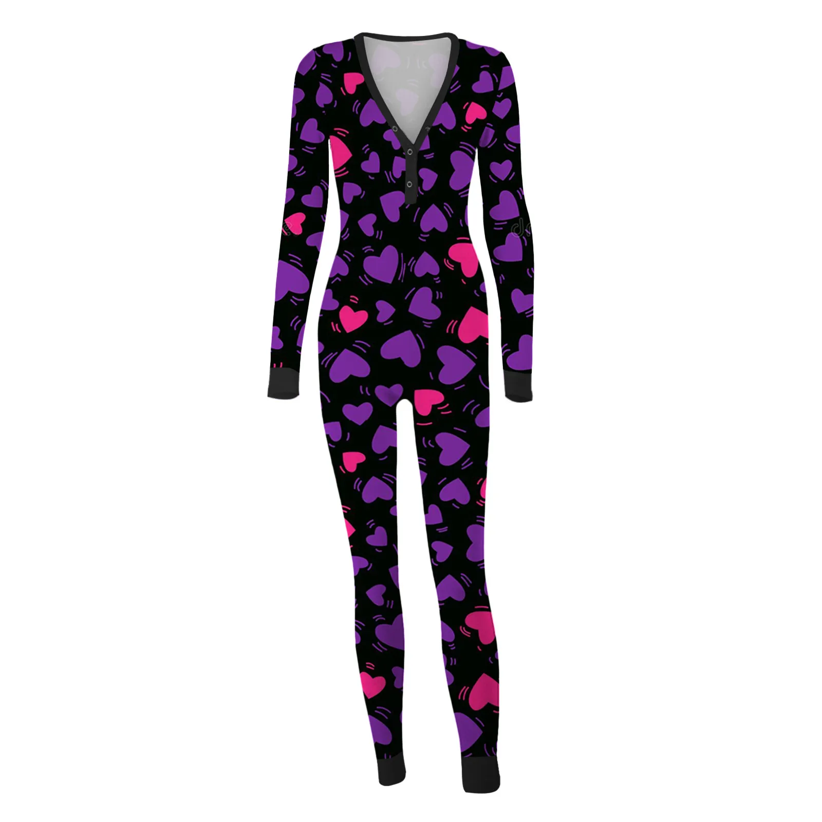 Women Romper Jumpsuit Long Sleeve Playsuit Bodysuit Onesies Button Down Sleepwear Heart Print Nightgowns