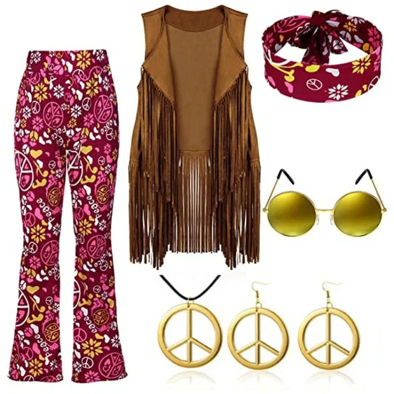 Hippie Disco 60s 70s Cosplay Costume Women Peace Love Girls Hip Indian Tassels Hippie Vest Cardigan Halloween Carnival Party cosplay costume