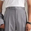 Italian High Waisted Straight Leg Naples Drape Business Casual Double Pleated Suit Pant Mens Formal Pant Pantalon Costume Homme 1