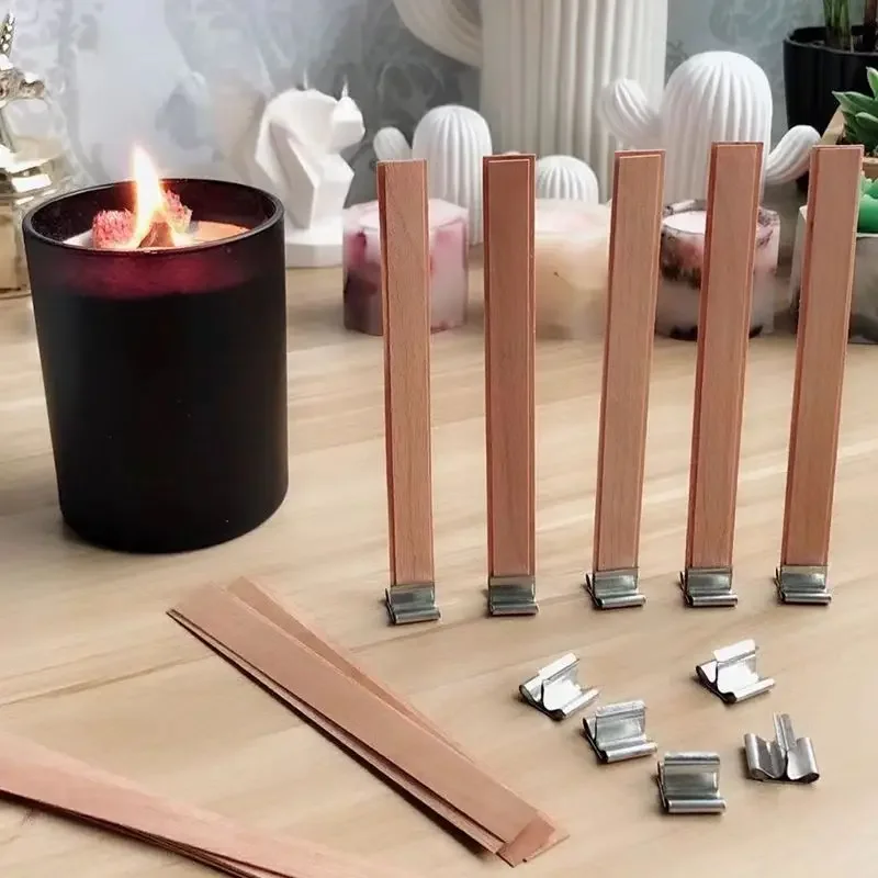 Natural Wooden Candle Wicks with Clips for Jar Candle Crafting - Smokeless and Handmade Core