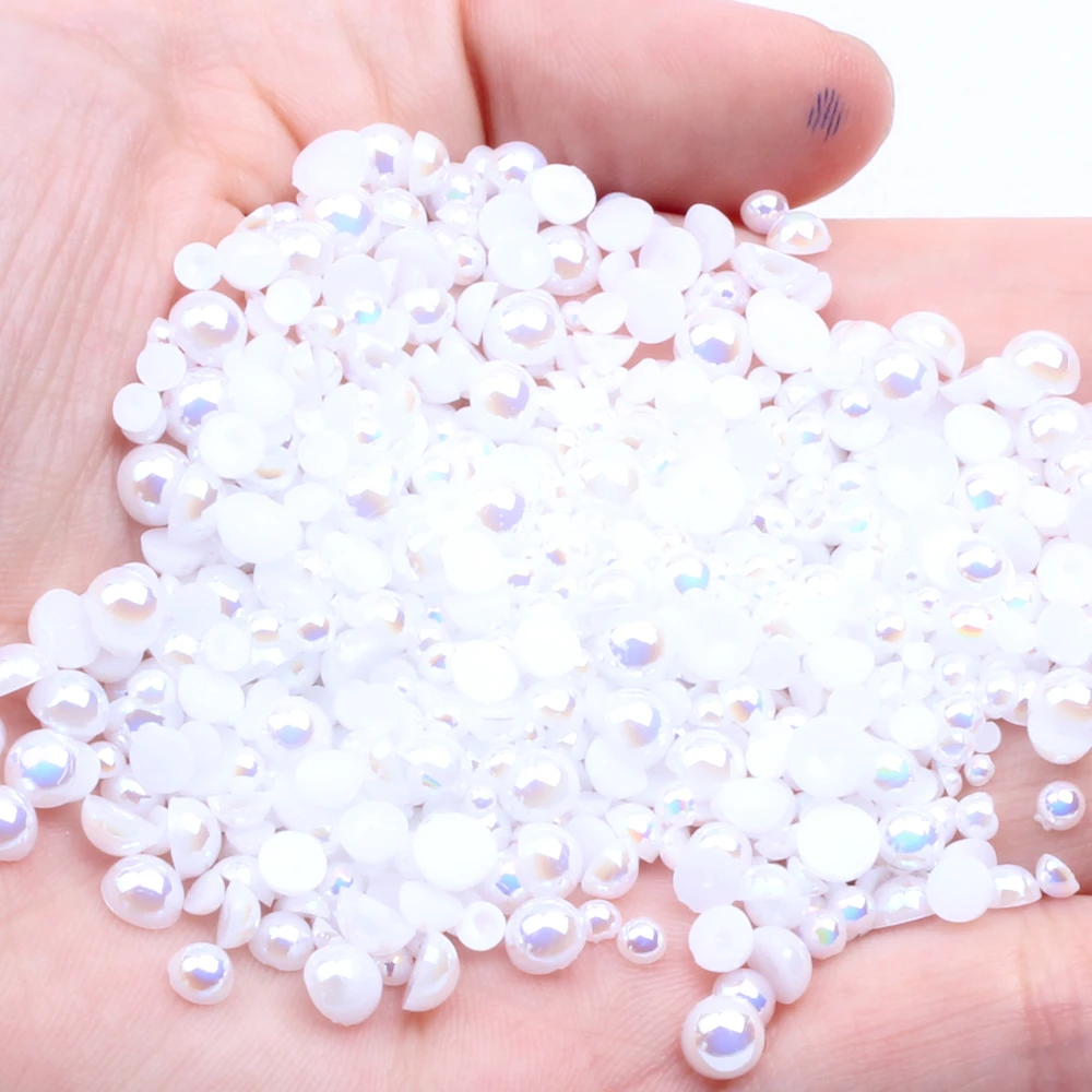 

White AB Half Round Resin Pearls 2-12mm And Mixed Sizes Imitation Flatback Glue On Beads DIY Wedding Dress Decoration