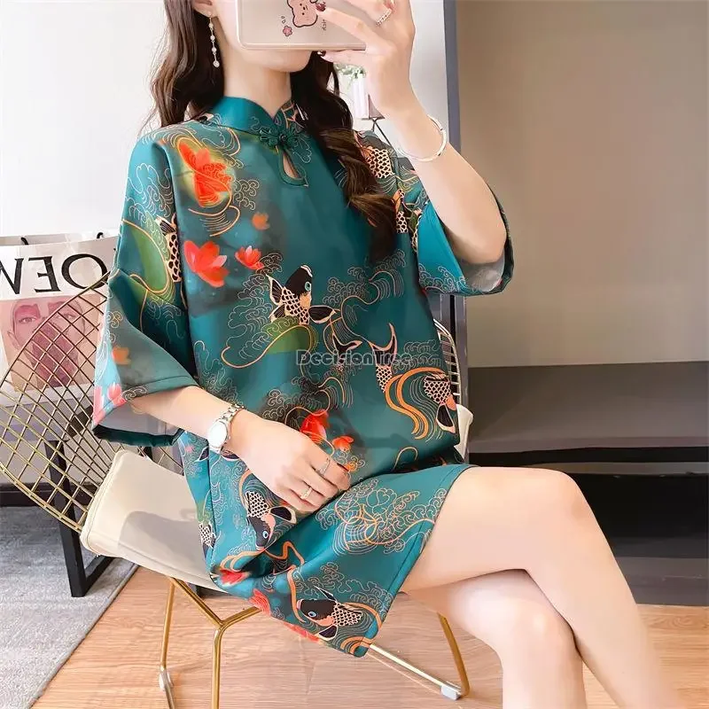 

Loose Qipao Elegant Oriental Short Costumes Traditional Chinese Women Cheongsam Long T-Shirt Dress Half Sleeve Printing
