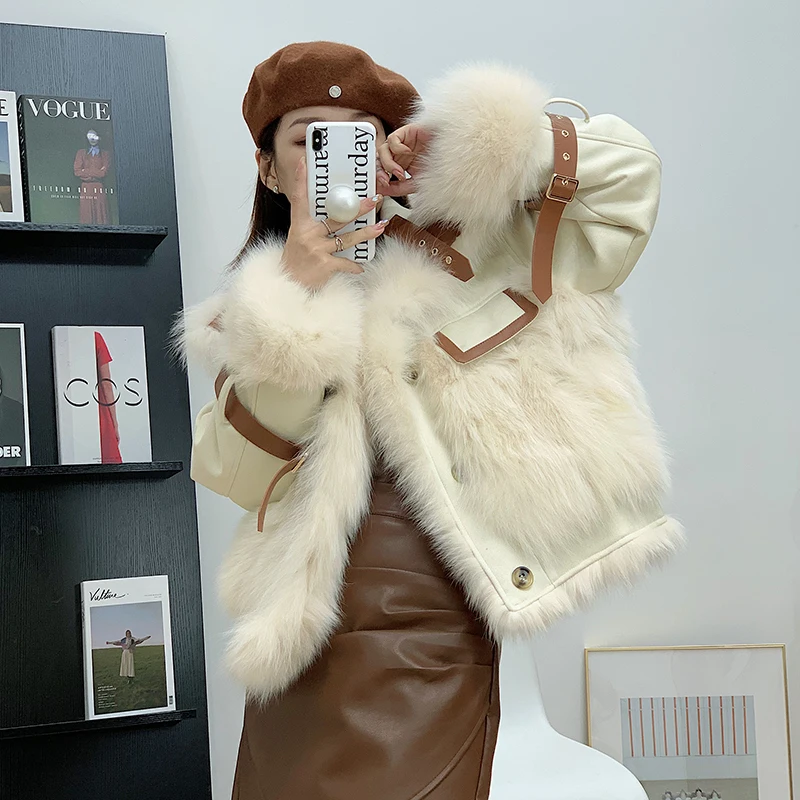 

2023 New Winter women patchwork real fox fur Parka streetwear leather patchwork Thick Warm Real Fox Fur coats DQ02