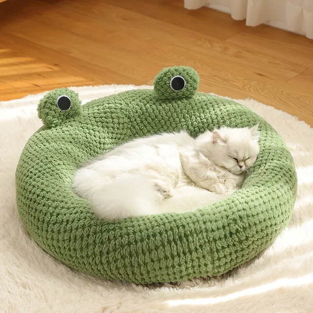 Pet Bed for Small Dogs Cats, Winter Warm Plush Round Puppy Bed Green Cartoon Frog Design Dog Nest Cat Basket 6