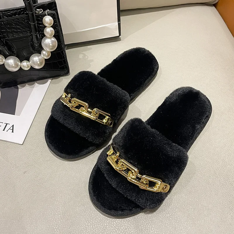 Winter Plush Slippers Women Fashion Open Toe Solid Color Women's Slides Metal Chain Indoor Casual Floor Warm Slippers Home Shoes