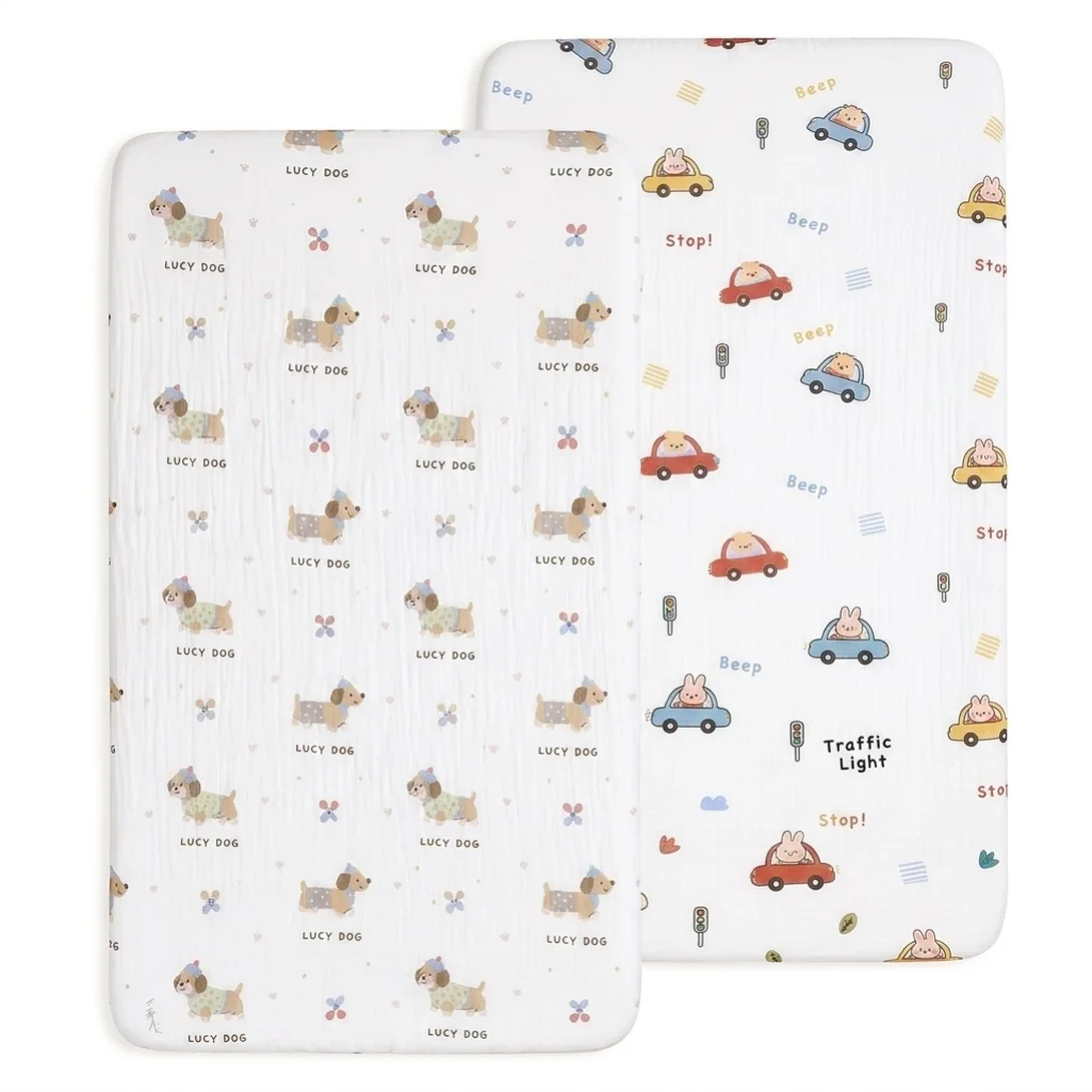 2 Pezzi Lenzuolo con Angoli in Cotone per Neonati, con Stampa Cartone Animato, Morbido e Confortevole, Traspirante e Assorbente, per Materasso - immagine 5