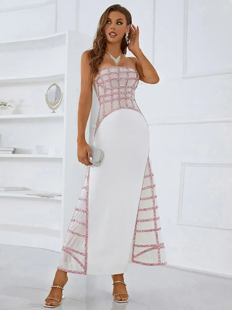 

Women Summer Sexy Strapless Backless Glitter Sparkly A Line Midi Bodycon Bandage Dress 2022 Elegant Evening Club Party Dress