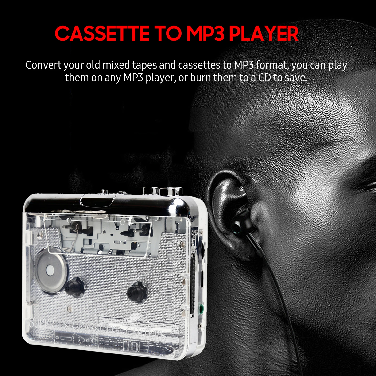 Cassette Player Portable Tape Recorder To Mp3 Full Transparent Shell USB Cassette Capture To MP3 Format Tape Music Player