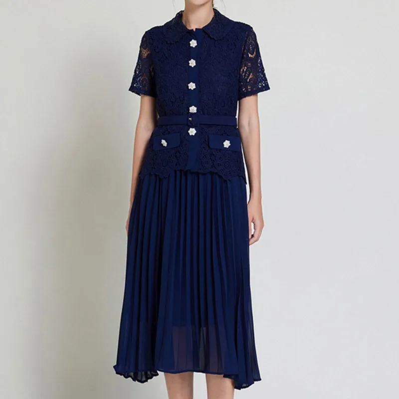 

Роскошный темно-синий женский комплект из двух предметов кружевной элегантный топ с вырезами и юбка женская уличная винтажная элегантная одежда из 2 предметов для женщин
