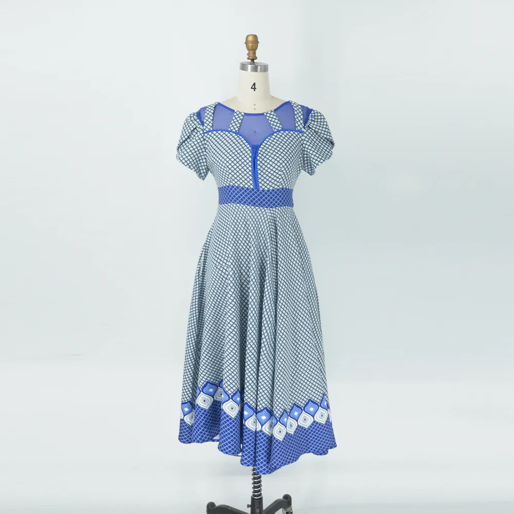 Women Dresses High Waist Mesh Blue Long A Line African Formal