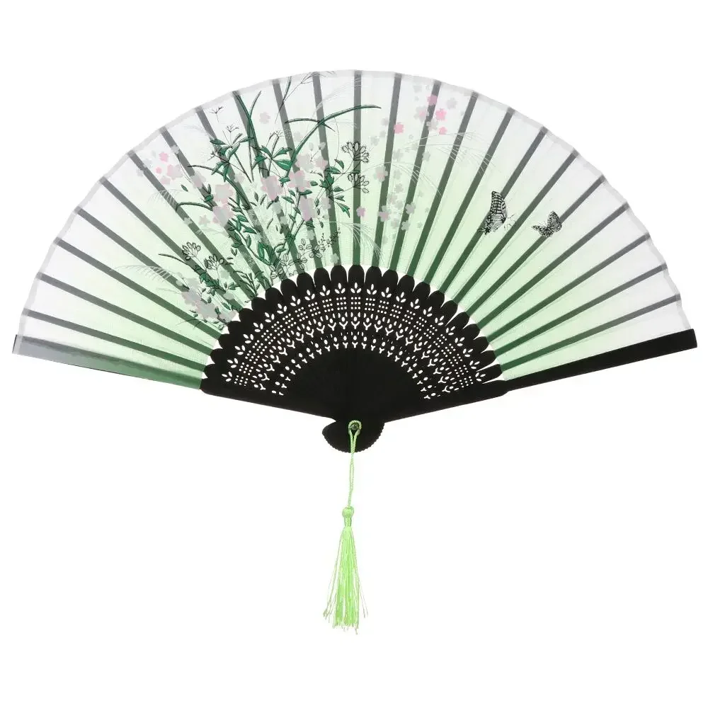 Elegant Silk Vintage Folding Fan with Colorful Tassel - Bamboo Hand Fan for Classical Dance and Home Decor