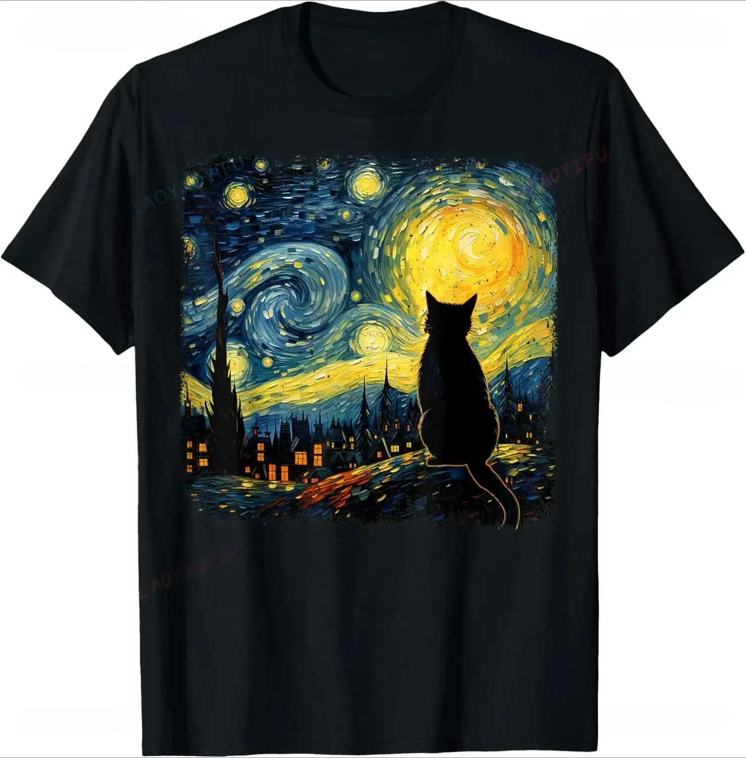 Loose Cat Starry Night Van Gogh Cat for Cat Lover T-Shirt Casual Fashion Streetwear Summer Style Women Tshirt Cute Aesthetics