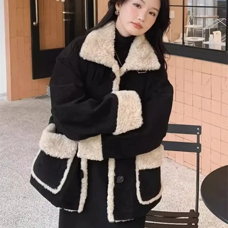 Lamb Plush Cardigan Jacket For Women in Autumn and Winter 2024 Loose Contrasting Colors Lazy Style Plush Thick Cotton Clothes WL